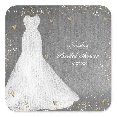Beautiful Dress on Gold Hanger Bridal Shower Square Sticker
