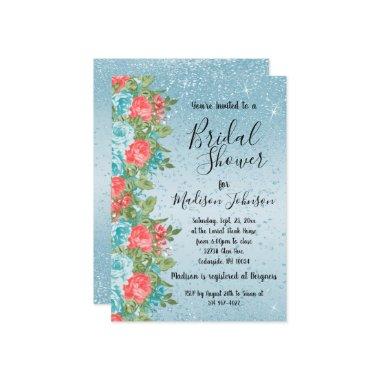 Beautiful Floral Bridal Shower - Blue & Coral Invitations