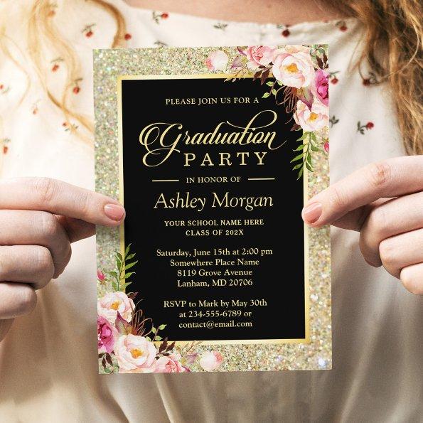 Beautiful Floral Gold Sparkles Graduation Party Invitations