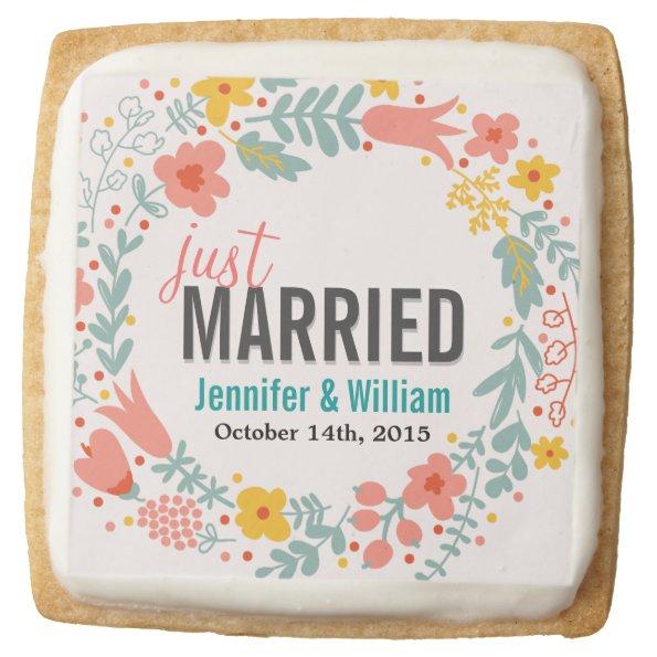 Beautiful Floral Just Married Wedding Decoration Square Shortbread Cookie
