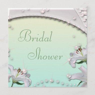 Beautiful Lilies and Sparkles Mint Bridal Shower Invitations