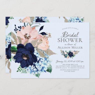 Beautiful Navy & Blush Floral Bridal Shower Invitations