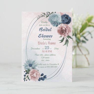 beautiful pink blue floral geometric bridal shower Invitations