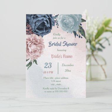 beautiful pink blue floral greenery bridal shower Invitations