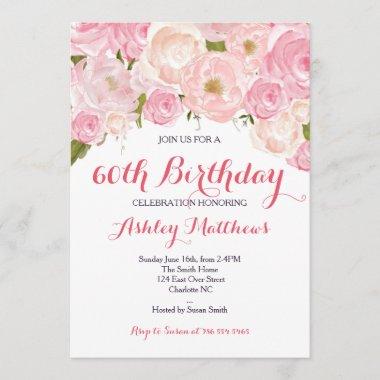 Beautiful Pink Floral Woman Birthday Invitations
