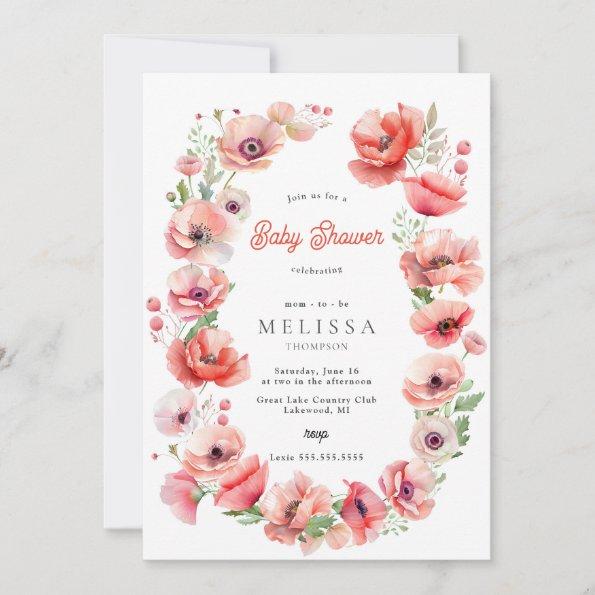 Beautiful Pink & Red Poppy Baby Shower Invitations
