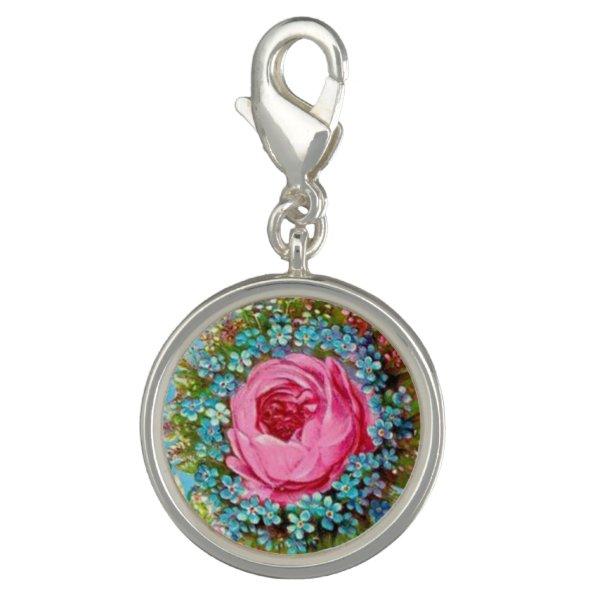 BEAUTIFUL PINK ROSE AND BLUE FLOWERS CHARM