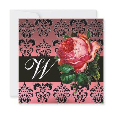 BEAUTIFUL PINK ROSE BLACK WHITE DAMASK MONOGRAM Invitations