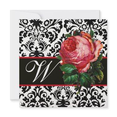 BEAUTIFUL PINK ROSE BLACK WHITE DAMASK MONOGRAM Invitations