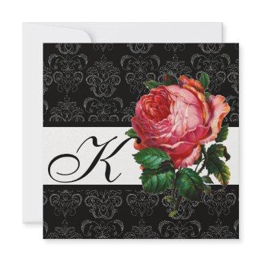 BEAUTIFUL PINK ROSE BLACK WHITE DAMASK MONOGRAM Invitations