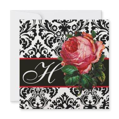 BEAUTIFUL PINK ROSE BLACK WHITE DAMASK MONOGRAM Invitations