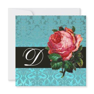 BEAUTIFUL PINK ROSE BLUE BLACK DAMASK MONOGRAM Invitations