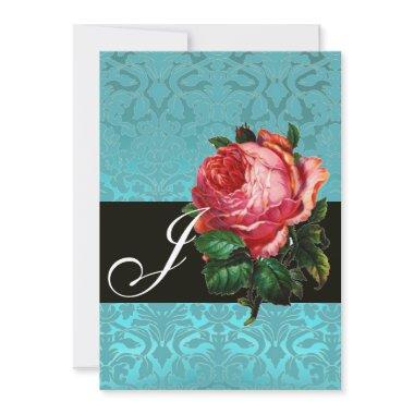 BEAUTIFUL PINK ROSE BLUE BLACK DAMASK MONOGRAM Invitations