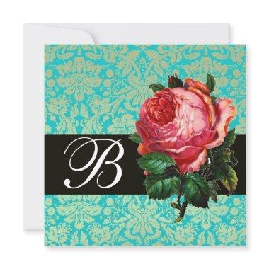 BEAUTIFUL PINK ROSE BLUE BLACK DAMASK MONOGRAM