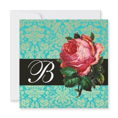 BEAUTIFUL PINK ROSE BLUE BLACK DAMASK MONOGRAM Invitations