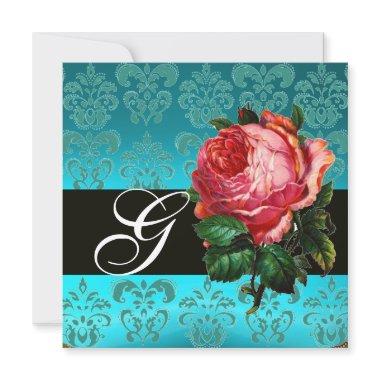 BEAUTIFUL PINK ROSE BLUE BLACK DAMASK MONOGRAM Invitations