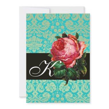 BEAUTIFUL PINK ROSE BLUE BLACK DAMASK MONOGRAM