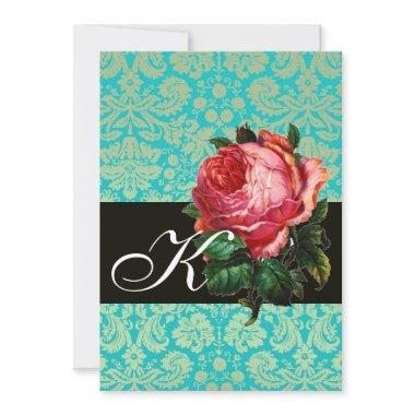 BEAUTIFUL PINK ROSE BLUE BLACK DAMASK MONOGRAM Invitations