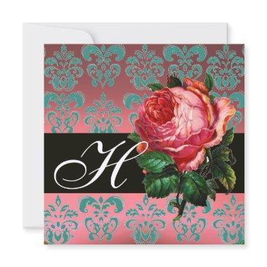 BEAUTIFUL PINK ROSE BLUE BLACK DAMASK MONOGRAM Invitations