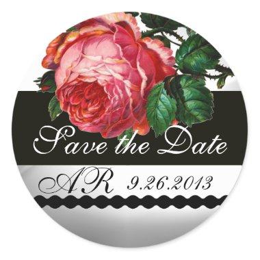 BEAUTIFUL PINK ROSE Save The Date Monogram Classic Round Sticker