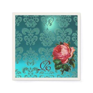 BEAUTIFUL PINK ROSE,TEAL BLUE DAMASK MONOGRAM PAPER NAPKINS