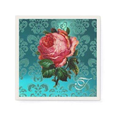 BEAUTIFUL PINK ROSE,TEAL BLUE DAMASK MONOGRAM PAPER NAPKINS