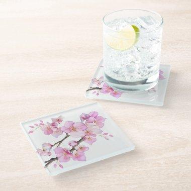 Beautiful pink watercolor cherry blossoms glass coaster