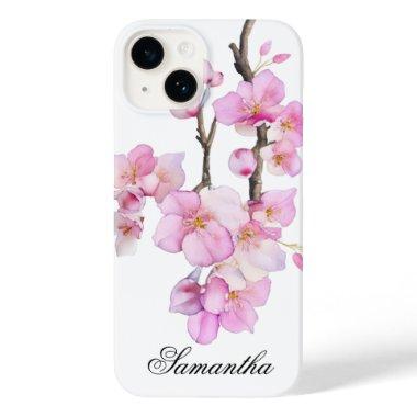 Beautiful pink watercolor cherry blossoms script Case-Mate iPhone 14 case