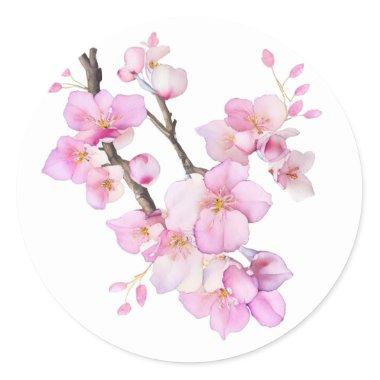 Beautiful pink watercolor cherry Sakura blossoms Classic Round Sticker