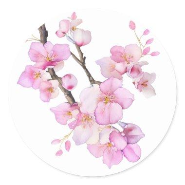 Beautiful pink watercolor cherry Sakura blossoms Classic Round Sticker