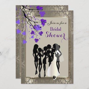 Beautiful Purple Floral & Antique Silver Damask Invitations