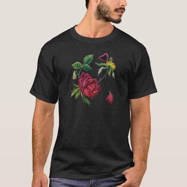 Beautiful Red Roses Done in Crewel Embroidery T-Shirt