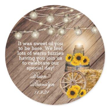 Beautiful Rustic Wood Barrel and Sunflowers Classic Round Sticker