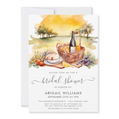 Beautiful Watercolor Picnic Wine Bridal Shower Invitations