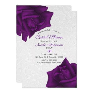 Beautiful White Texture Purple Roses Bridal Shower Invitations