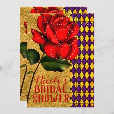 Beauty & The Beast Red Sparkle Rose Bridal Shower Invitations