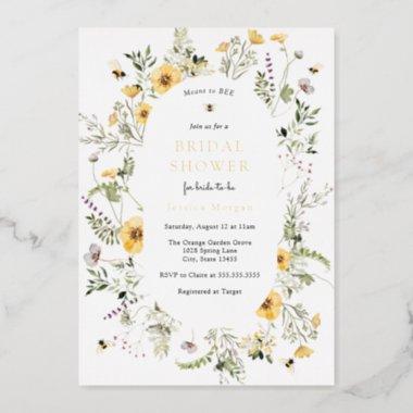 Bee and Delicate Wildflower Bridal Shower Foil Invitations
