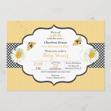 Bee Theme Honeycomb Gold & Gray Polka Dot Invitations