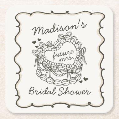 Beige Bow Retro Heart Coquette Cake  Square Paper Coaster