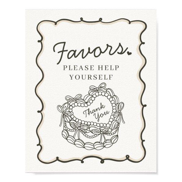 Beige Bow Retro Heart Coquette Cake Favors Sign