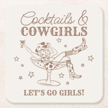 Beige Cocktails and Cowgirls Rodeo Bachelorette Square Paper Coaster