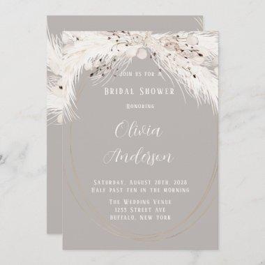 Beige Grey White Floral Feathers Bridal Shower Invitations