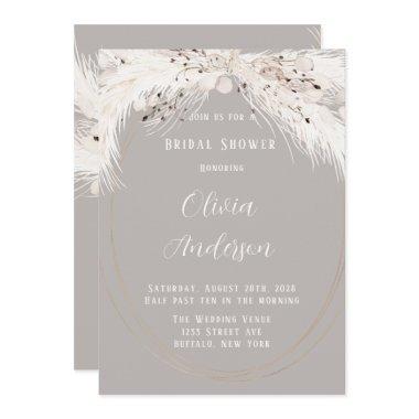 Beige Grey White Floral Feathers Bridal Shower Invitations