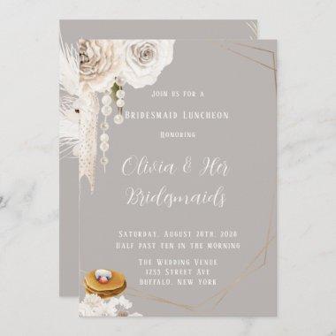 Beige Grey White Floral Pearl Bridesmaids Luncheon Invitations