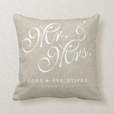 Beige Linen Initials Mr. and Mrs. Wedding Pillow