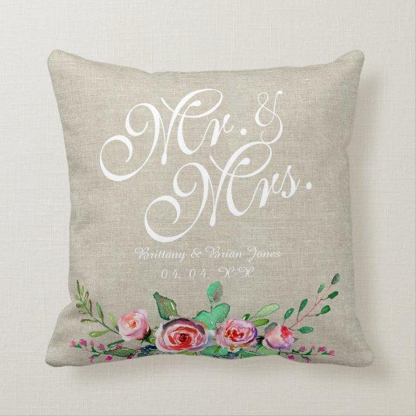 Beige Linen Rustic Floral Mr. Mrs. Wedding Throw Pillow