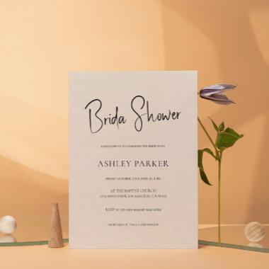 Beige Linen Simple Black Script Bridal Shower Invitations