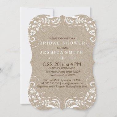 Beige Linen White Floral Frame Invitations