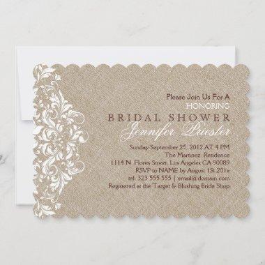 Beige Linen White Lace Bridal Shower Invite
