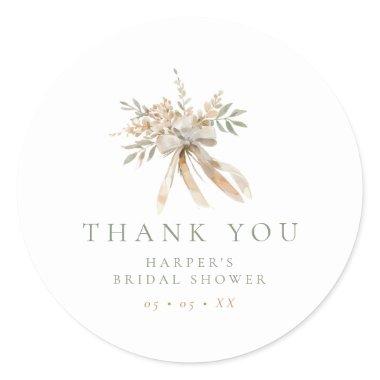 Beige & Sage Flowers & Bow  Thank You Classic Round Sticker